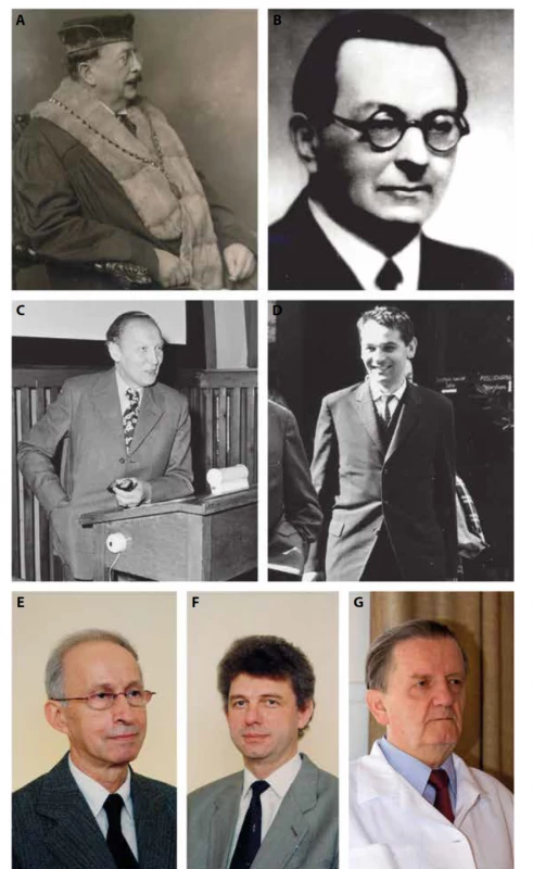 Následníci Jaroslava Hlavy na pozici přednostů Hlasvova ústavu patologie. A - Rudolf Kimla, B - Heřman Šikl,
C - Blahoslav Bednář, D - Adam Jirásek, E - Pavel Miřejovský, F - Václav Mandys, G - Ctibor Povýšil