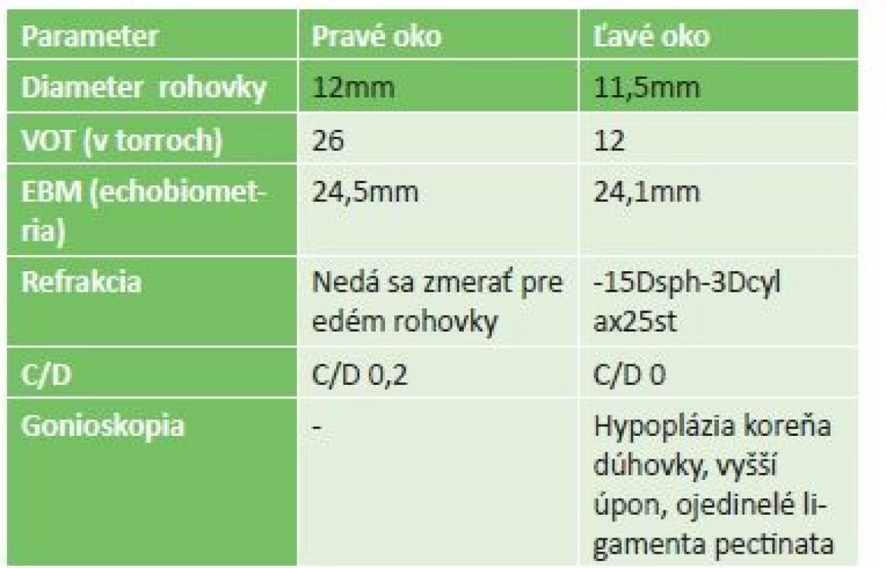 Numerické hodnoty pacientky pri prvom vyšetrení.