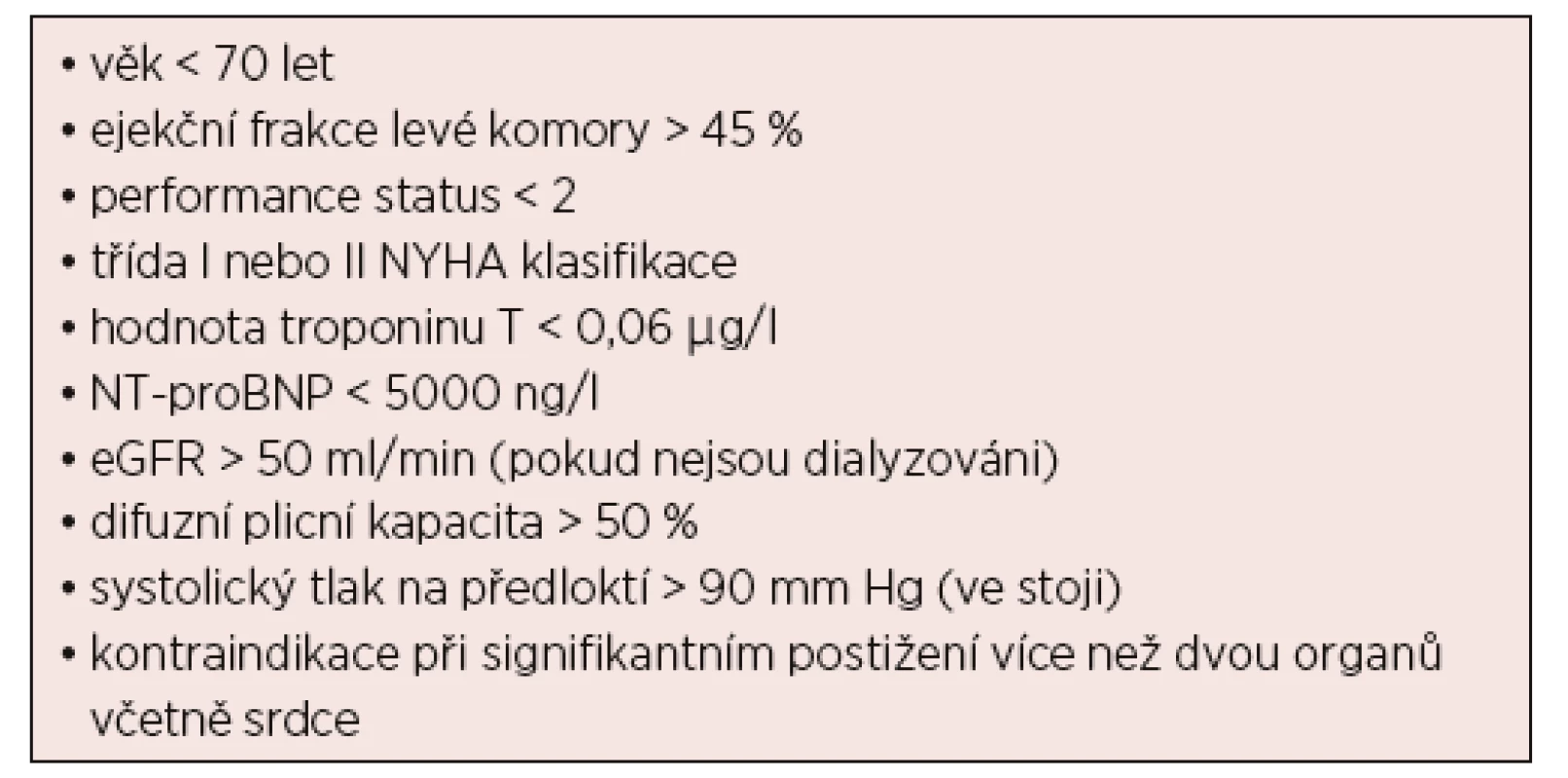 Indikační kritéria pro stratifikaci nemocných k vysokodávkované
chemoterapii melfalanem s podporou autologního štěpu (úroveň
důkazu IV, stupeň doporučení C) [Dispenzieri, 2015; Palladini, 2016].