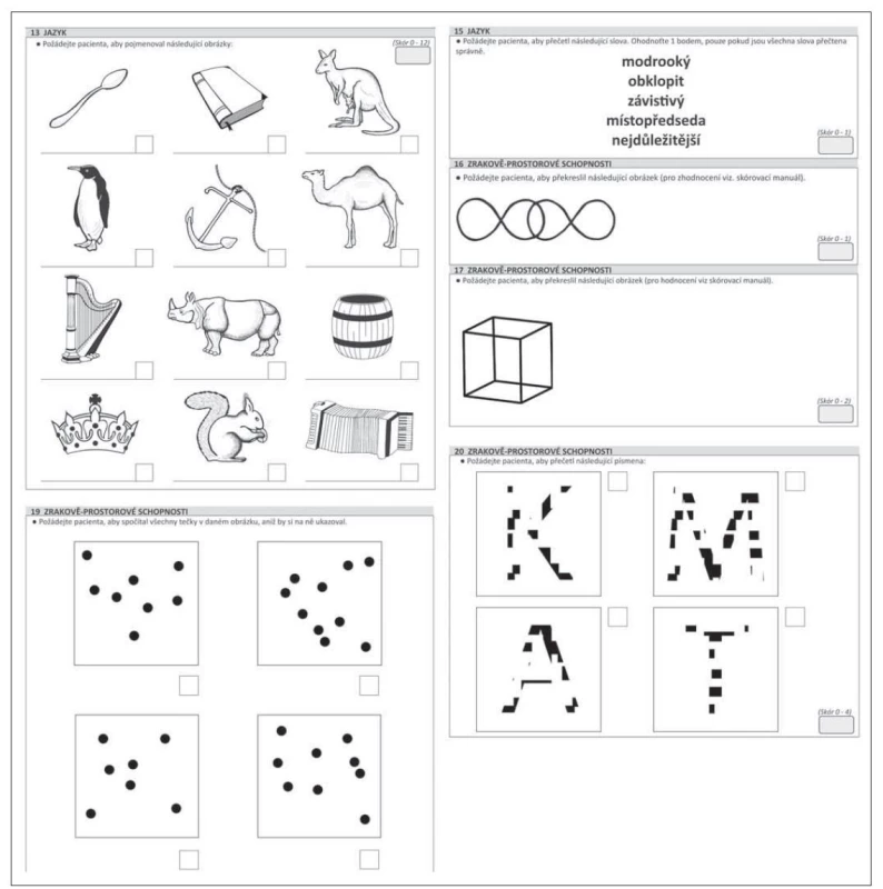 Podnětový materiál čtyř listů testu ACE-III ve formátu PDF.<br>
ACE-III – Addenbrookský kognitivní test (Addenbrook‘s Cognitive Examination)<br>
Fig. 4. Stimulus material of four ACE-III test sheets in PDF format.<br>
ACE-III – Addenbrook‘s Cognitive Examination
