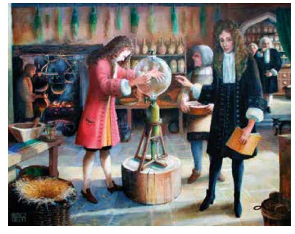 Obraz „Učenci“ od Rity Greerové (2007). Robert Hooke (vlevo)
provádí pokus s vývěvou, Robert Boyle (s knihou) dohlíží na průběh. Zdroj:
Wikimedia Commons (CC BY 4.0)