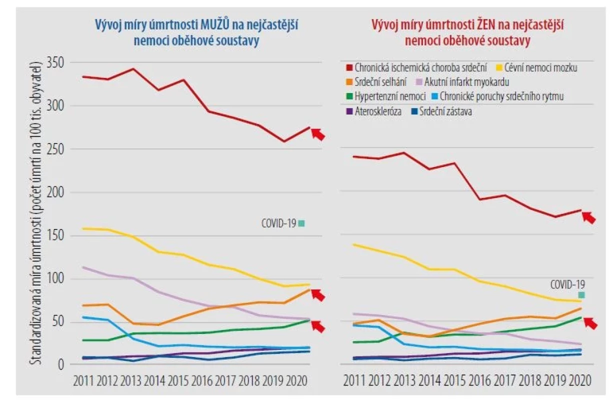 Vývoj úmrtnosti na nemoci oběhové soustavy v ČR v letech 2011–2020. Zatímco úmrtnost na
infarkt myokardu mužů i žen a na cévní onemocnění mozku žen dál klesala, alarmující vývoj nastává
u chronické ICHS, srdečního selhání a hypertenze. V těchto kategoriích úmrtnost naopak vzrostla, a to
jak u mužů, tak i u žen. [Upraveno podle: Rojíček M, Štyglerová T. Příčiny smrti v roce 2020, Český
statistický úřad, Praha, 30. června 2021.]