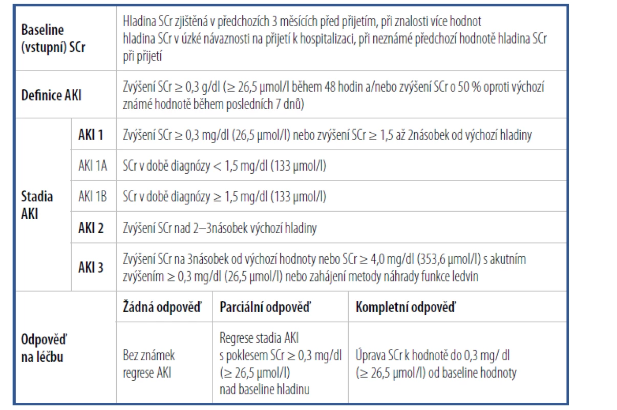 Diagnostická kritéria AKI podle ICA-AKI kritérií [Upraveno podle 11]
