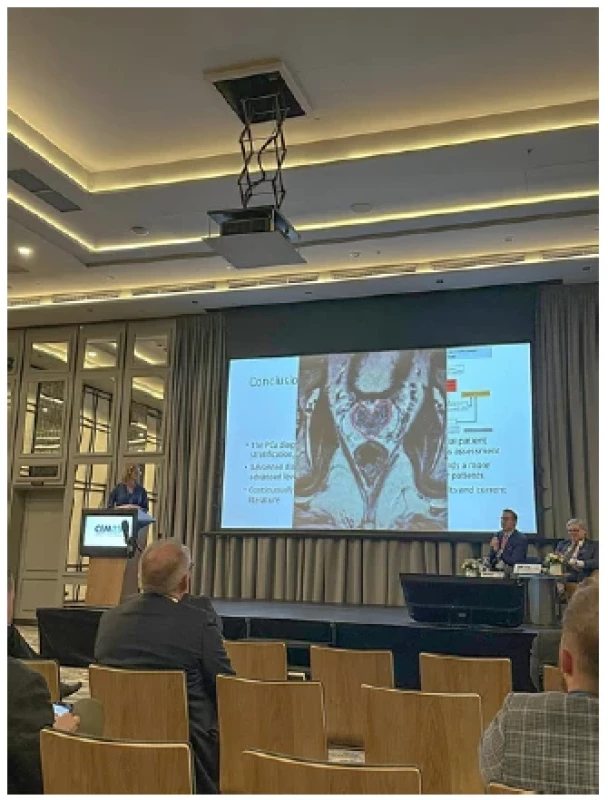 Prof. Dr. Milan Hora přednáší o vývoji radikální
nefroureterektomie <br> 
Fig. 2. Prof. Dr. Milan Hora during a presentation
about the evolution of radical nefroureterectomy