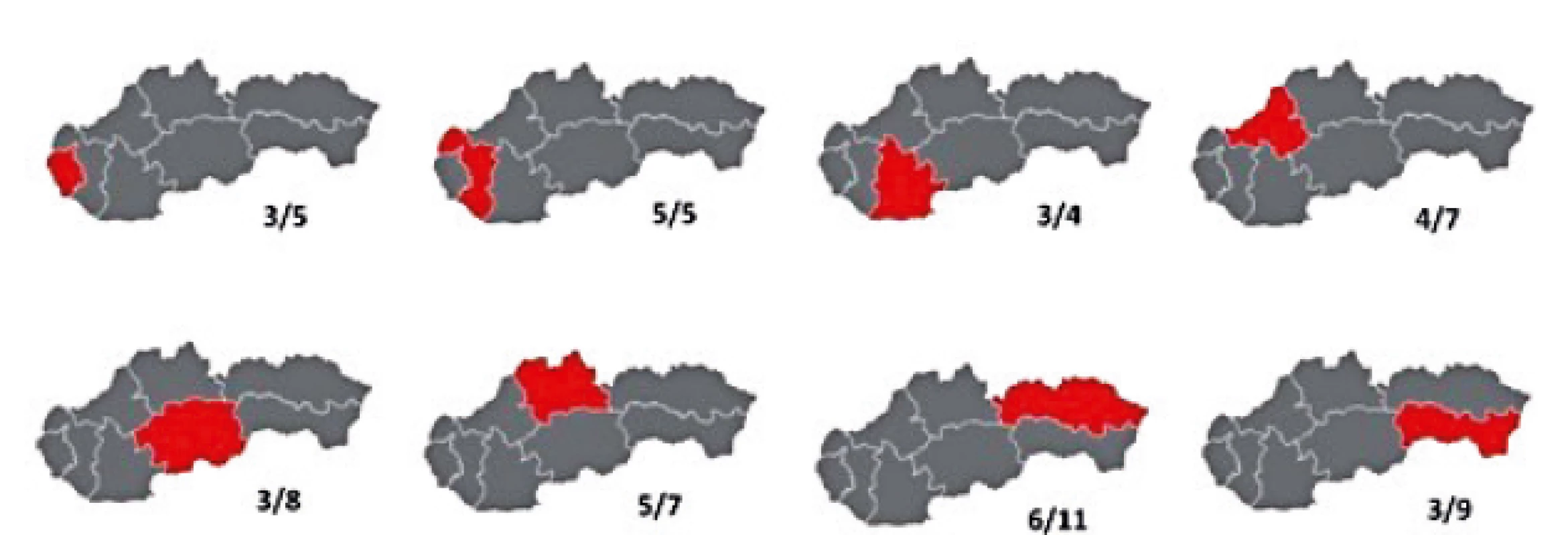 Pod každou mapkou napravo je uvedený počet pôrodníc, ktoré odosielali
hlásenky do registra v roku 2016 a za lomítkom je počet pôrodníc v danom
kraji republiky. Pod mapkami dole je uvedený počet hláseniek, ktoré sme
v registri obdržali za rok 2016 a rok 2017 z daného kraja.