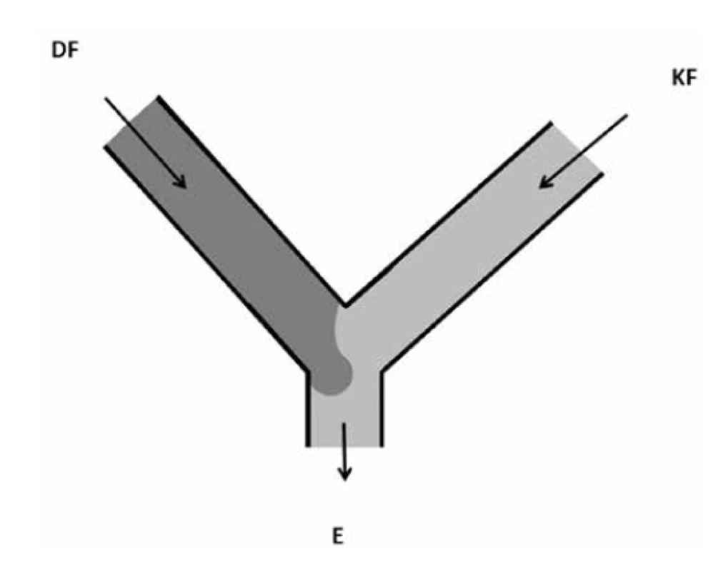 Uspořádání typu Y (přepracováno dle16))<br>
DF – dispergovaná fáze, KF – kontinuální fáze, E – emulze