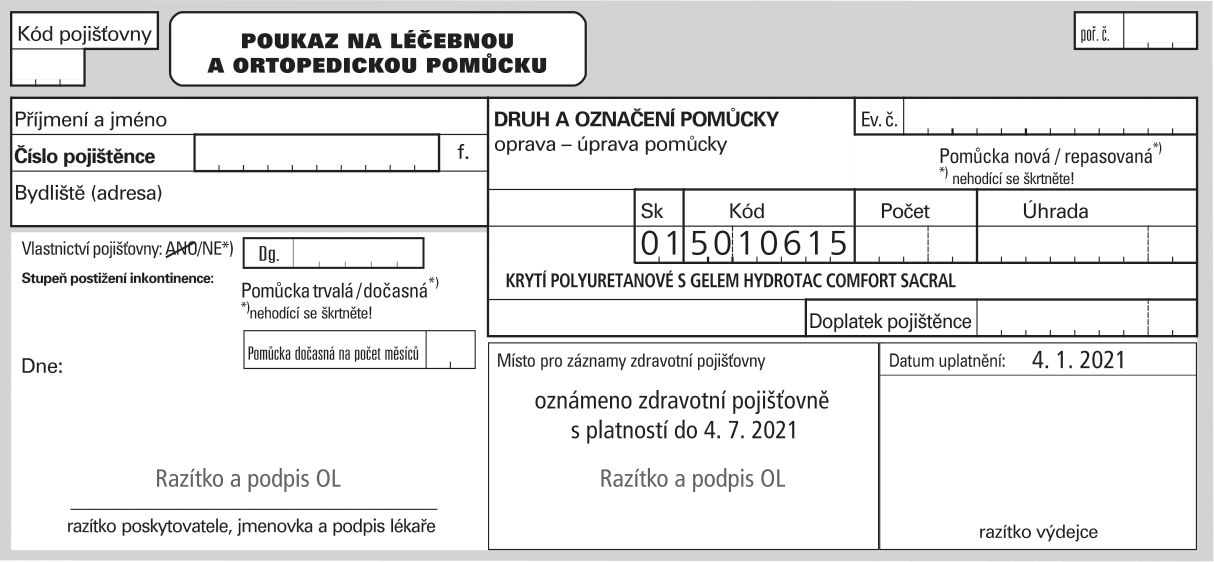 Obr. 1 Vzor vyplnění žádanky a poukazu na vlhké krytí během prvních šesti měsíců léčby, Zdroj: Hartmann-Rico