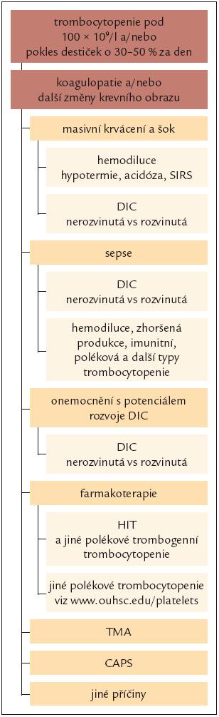 Schéma 2. Diferenciální diagnostika trombocytopenie kriticky nemocných pacientů.
