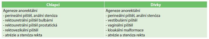 Tab. 1. Rozdělení anorektálních malformací podle pohlaví a nálezu Tab. 1: Distribution of anorectal malformations by sex and finding